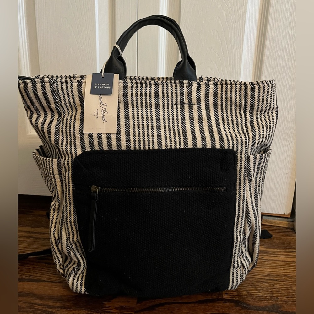 Cute backpack tote. 14.5 square soft utility backpack. Black and white stripes.
